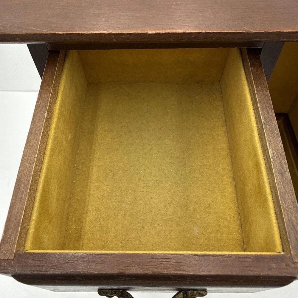 Vtg Jewelry Music Box Chest Etched‎ Glass Doors Drawer Armoire Wooden